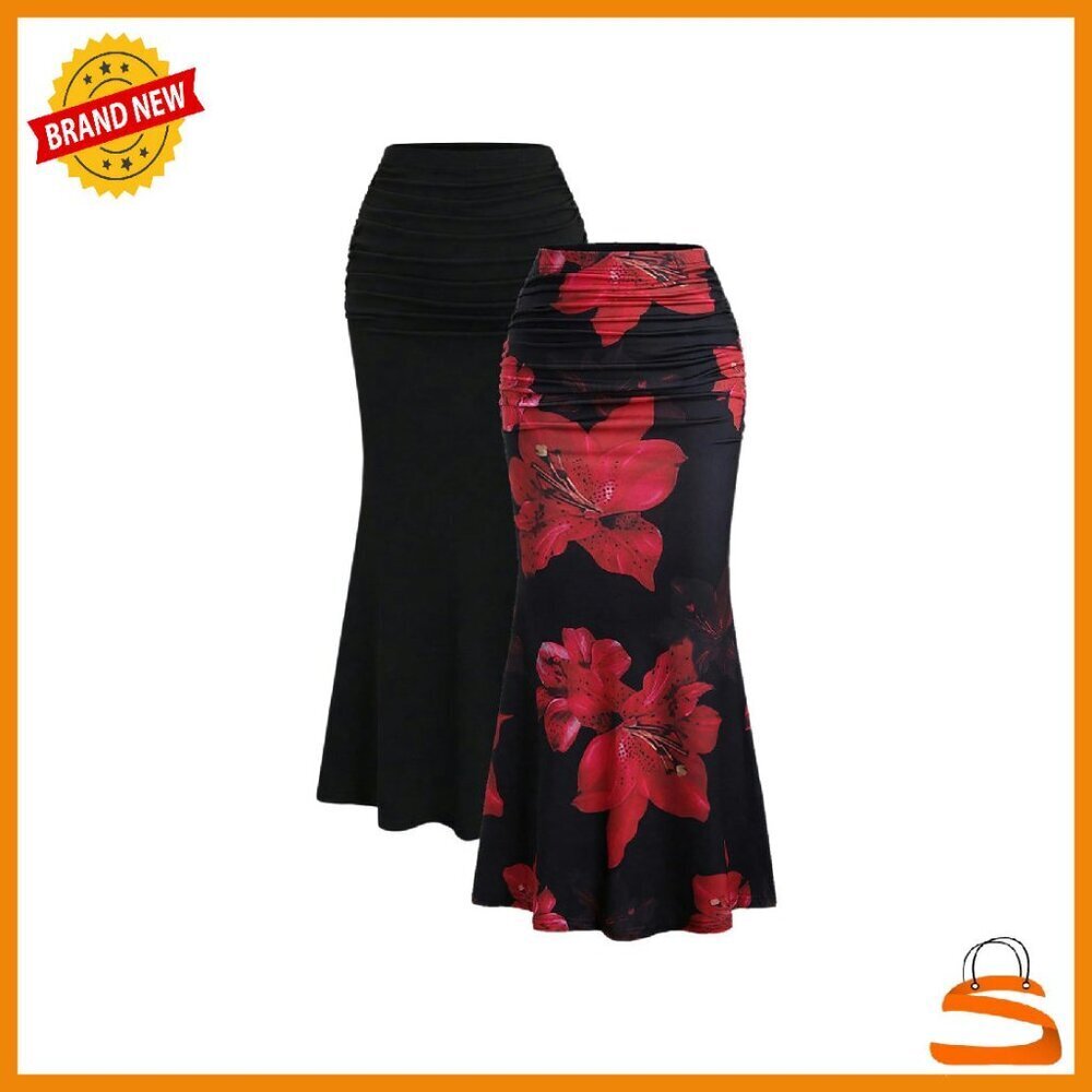 Fishtail Floral Ruched Bodycon Skirt 2-Pack Long Slim Fit